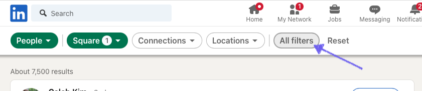 Select the "All filters" button at the top of the page on LinkedIn